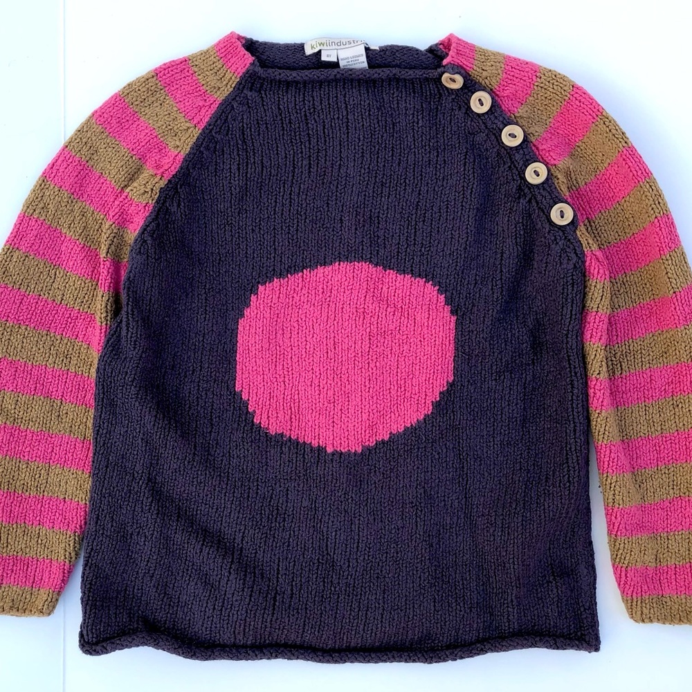 100% cotton size 8 sweater from Kiwi Industries purple with pink circle